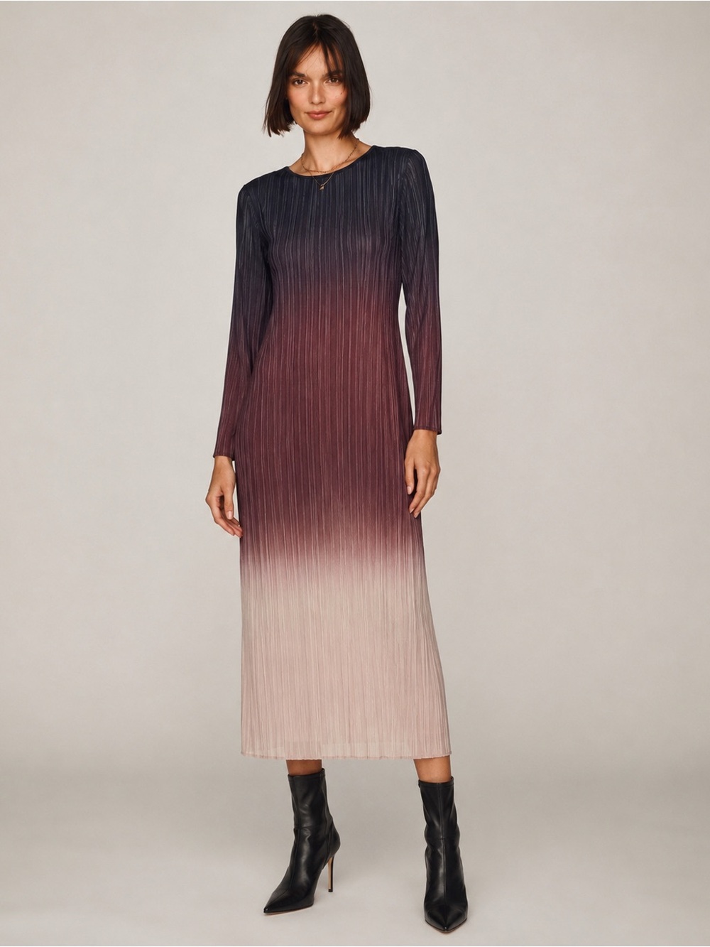 NWT Misook Ombre Pleated Knit Long Sleeve Midi Dress Size S